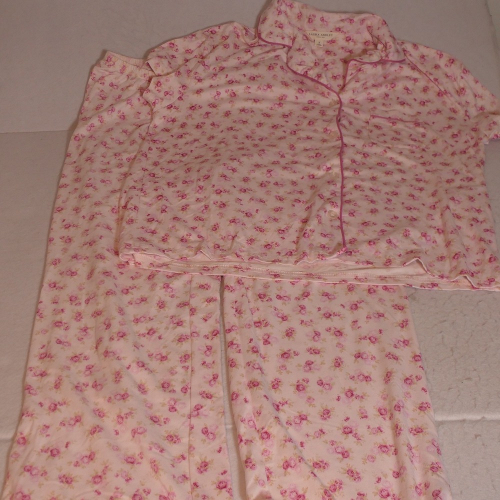 Laura Ashley Womens Pajama Set S Pink Floral Rose Cottagecore Loungewear Grandma